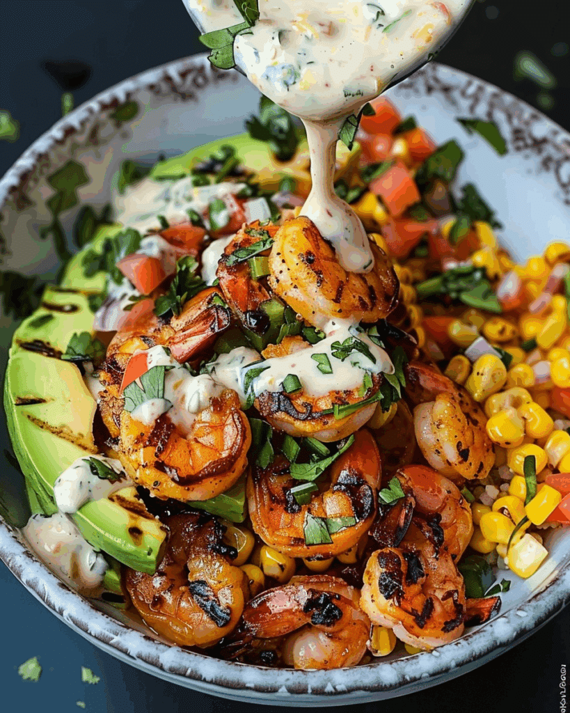 Grilled Shrimp Bowl with Avocado, Corn Salsa & Creamy Sauce