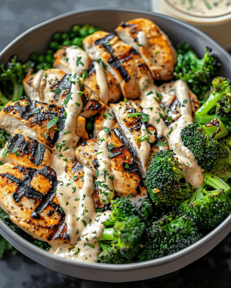 Grilled Chicken & Broccoli Bowls with Creamy Garlic Sauce