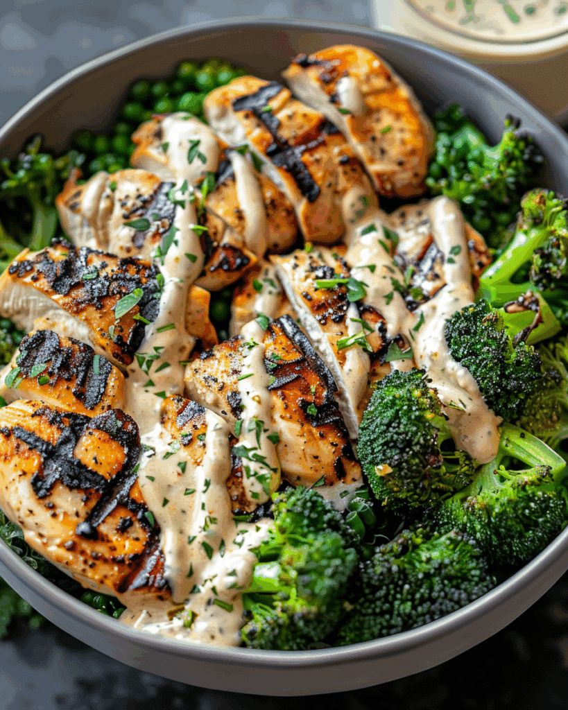 Grilled Chicken & Broccoli Bowls with Creamy Garlic Sauce