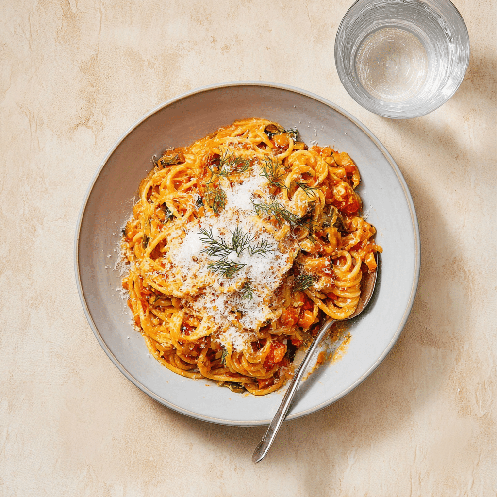 CREAMY SUN-DRIED TOMATO PASTA WITH CAPERS AND DILL Recipe - Recipe Image