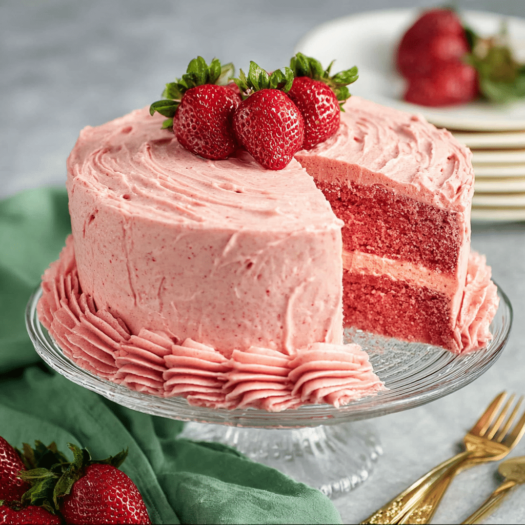Homemade Strawberry Layer Cake with Strawberry Frosting Recipe - Recipe Image