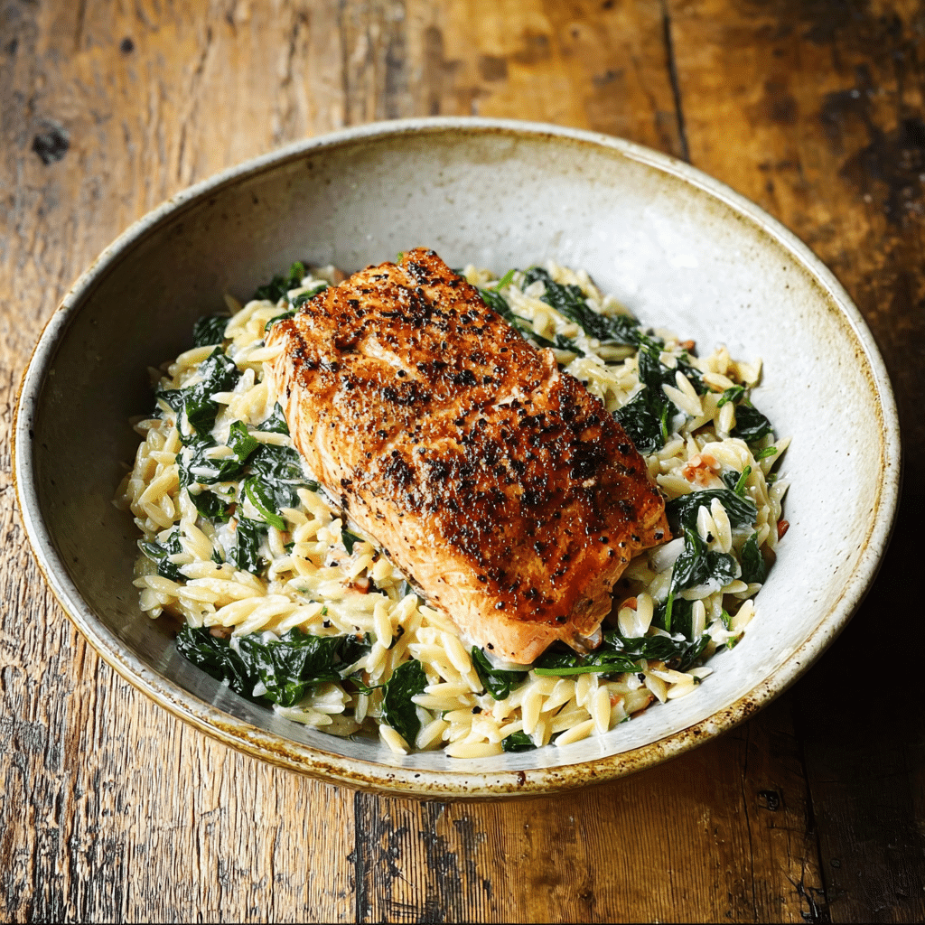 One Skillet Salmon with Lemon Orzo Recipe - Recipe Image