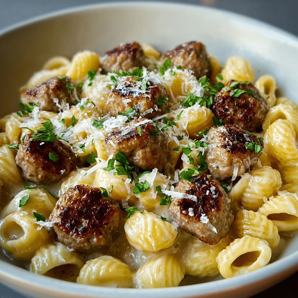 GARLIC BUTTER SAUSAGE BITES WITH CREAMY PARMESAN PASTA Recipe - Recipe Image