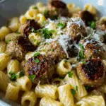 GARLIC BUTTER SAUSAGE BITES WITH CREAMY PARMESAN PASTA Recipe