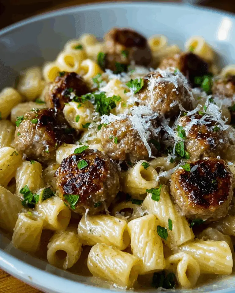 GARLIC BUTTER SAUSAGE BITES WITH CREAMY PARMESAN PASTA Recipe