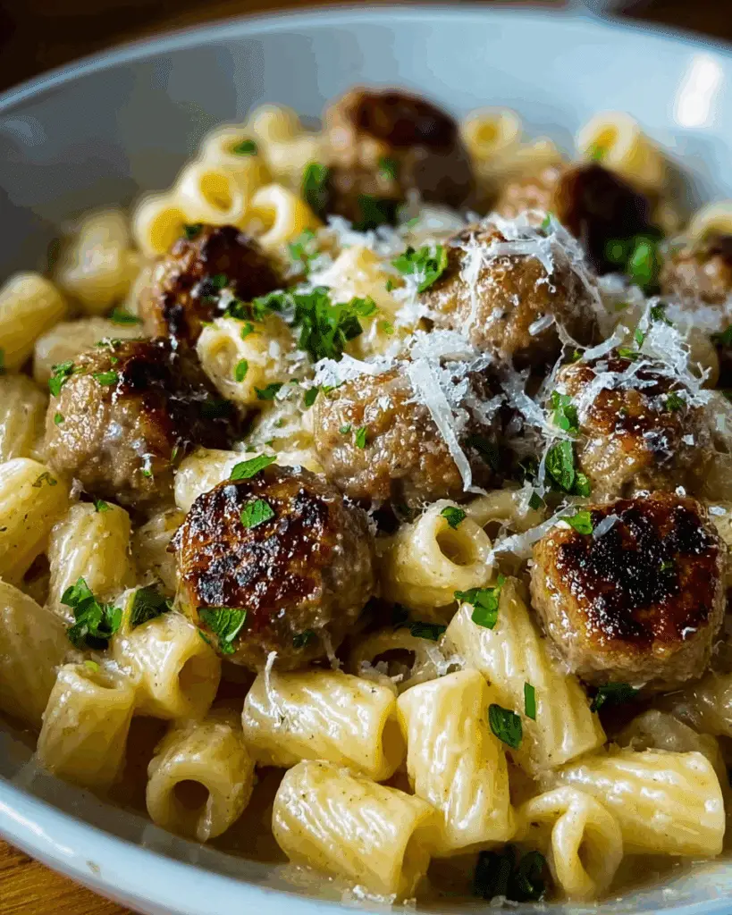 GARLIC BUTTER SAUSAGE BITES WITH CREAMY PARMESAN PASTA Recipe