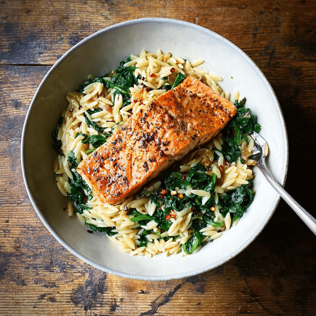 One Skillet Salmon with Lemon Orzo Recipe - Recipe Image