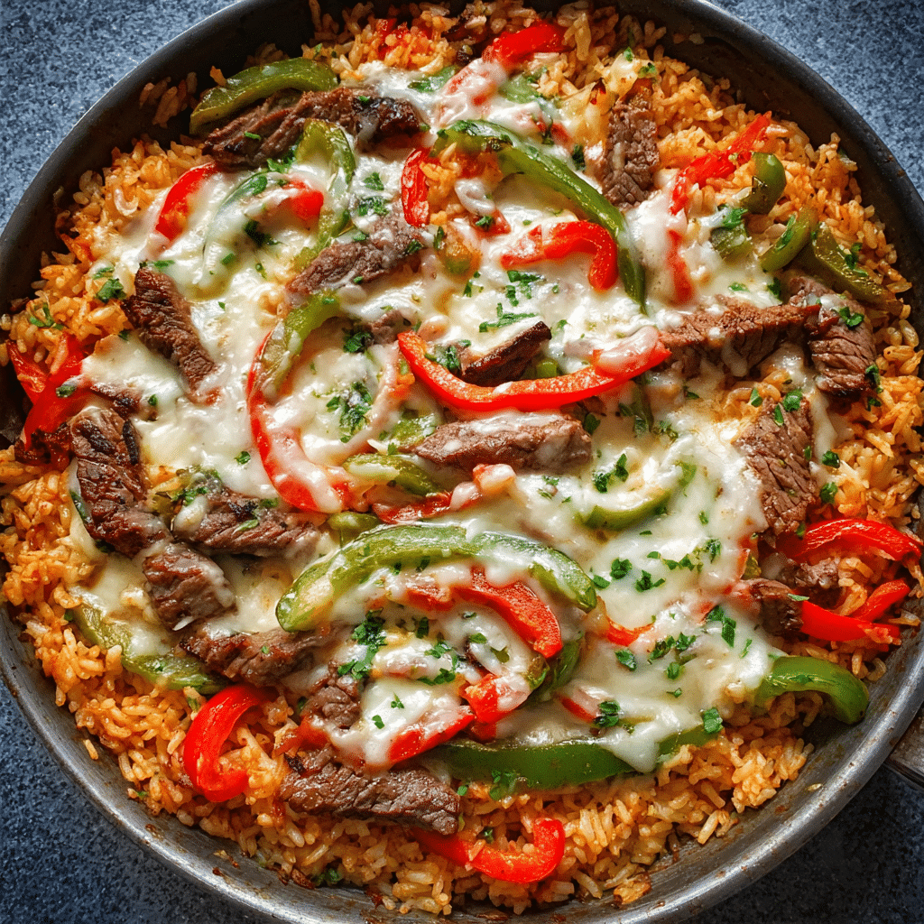 Queso Steak Fajita Skillet Over Mexican Rice Recipe