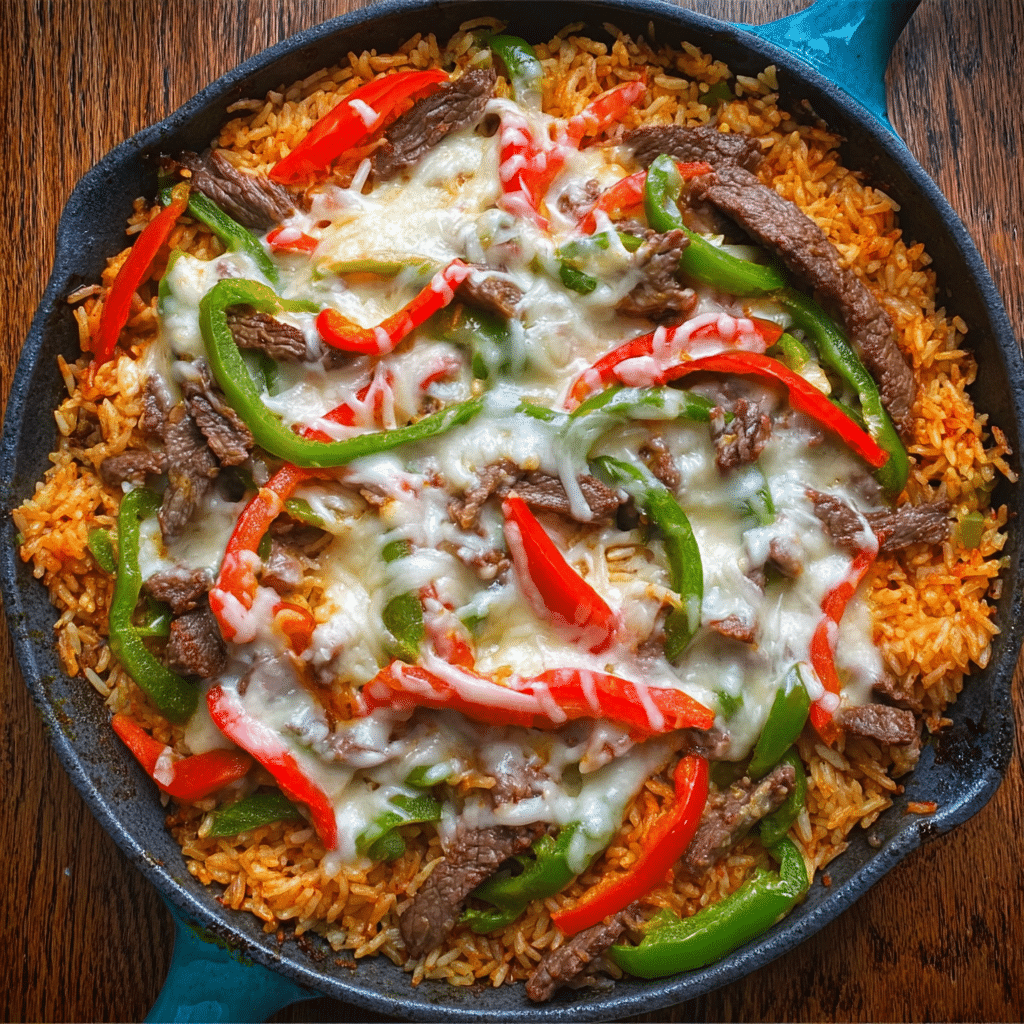 Queso Steak Fajita Skillet Over Mexican Rice Recipe