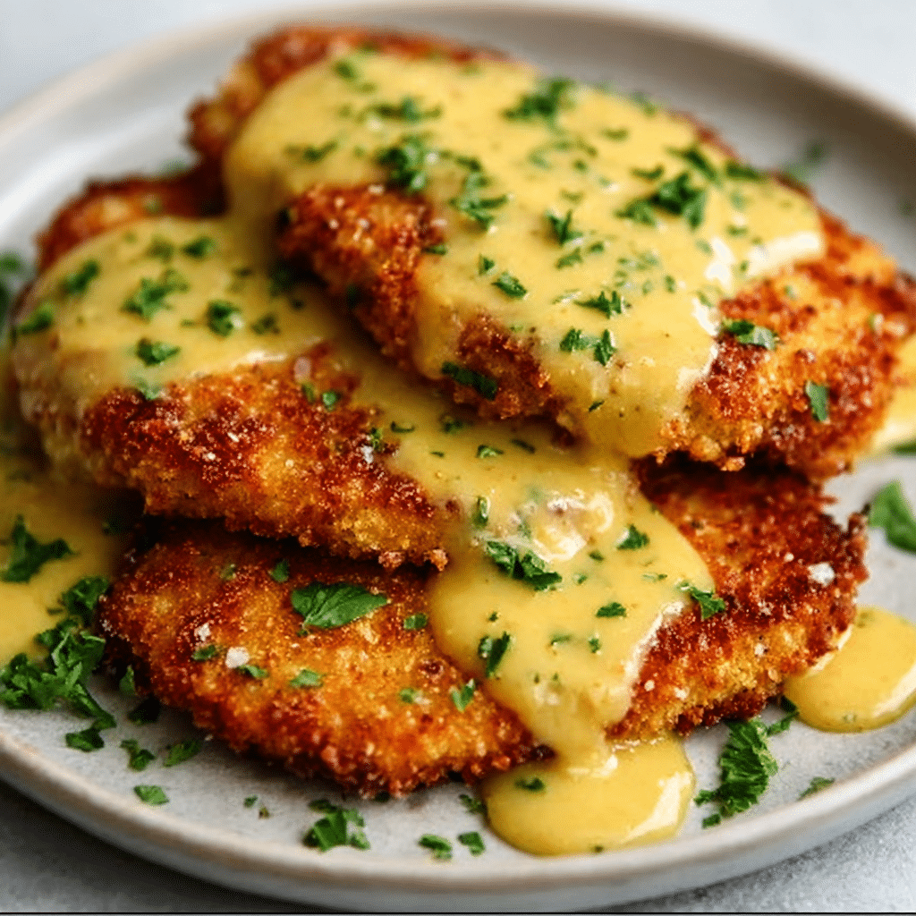 Pretzel-Crusted Chicken with Creamy Mustard Cheddar Sauce Recipe - Recipe Image