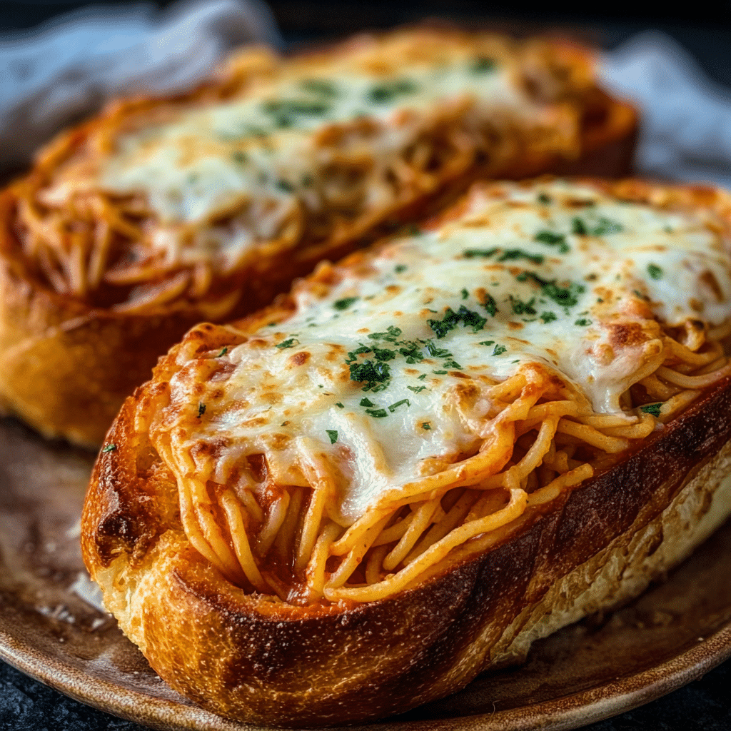 Cheesy Spaghetti Garlic Bread Recipe - Recipe Image