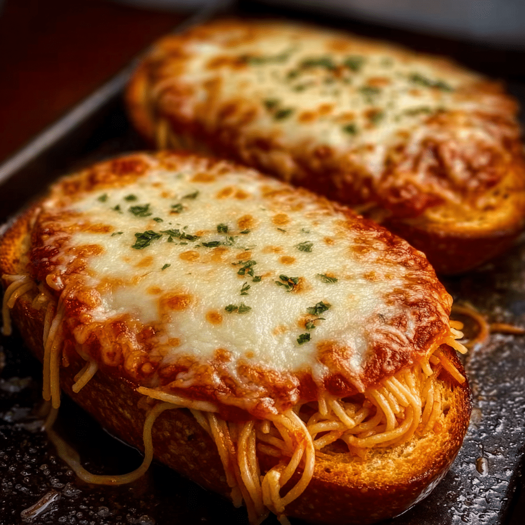 Cheesy Spaghetti Garlic Bread Recipe - Recipe Image