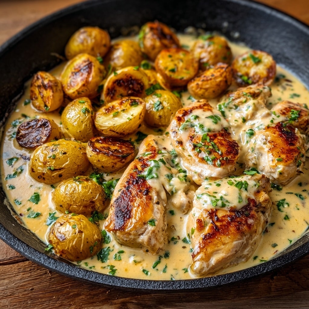 Creamy Garlic Chicken with Roasted Baby Potatoes Recipe - Recipe Image