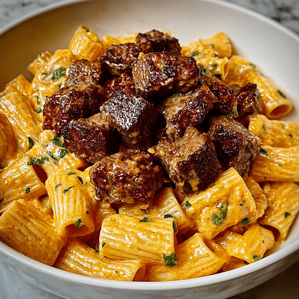 Cajun Steak Tips in Cheesy Rigatoni Parmesan Sauce Recipe - Recipe Image