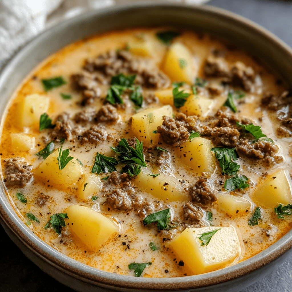 Cheesy Hamburger Potato Soup Recipe - Recipe Image