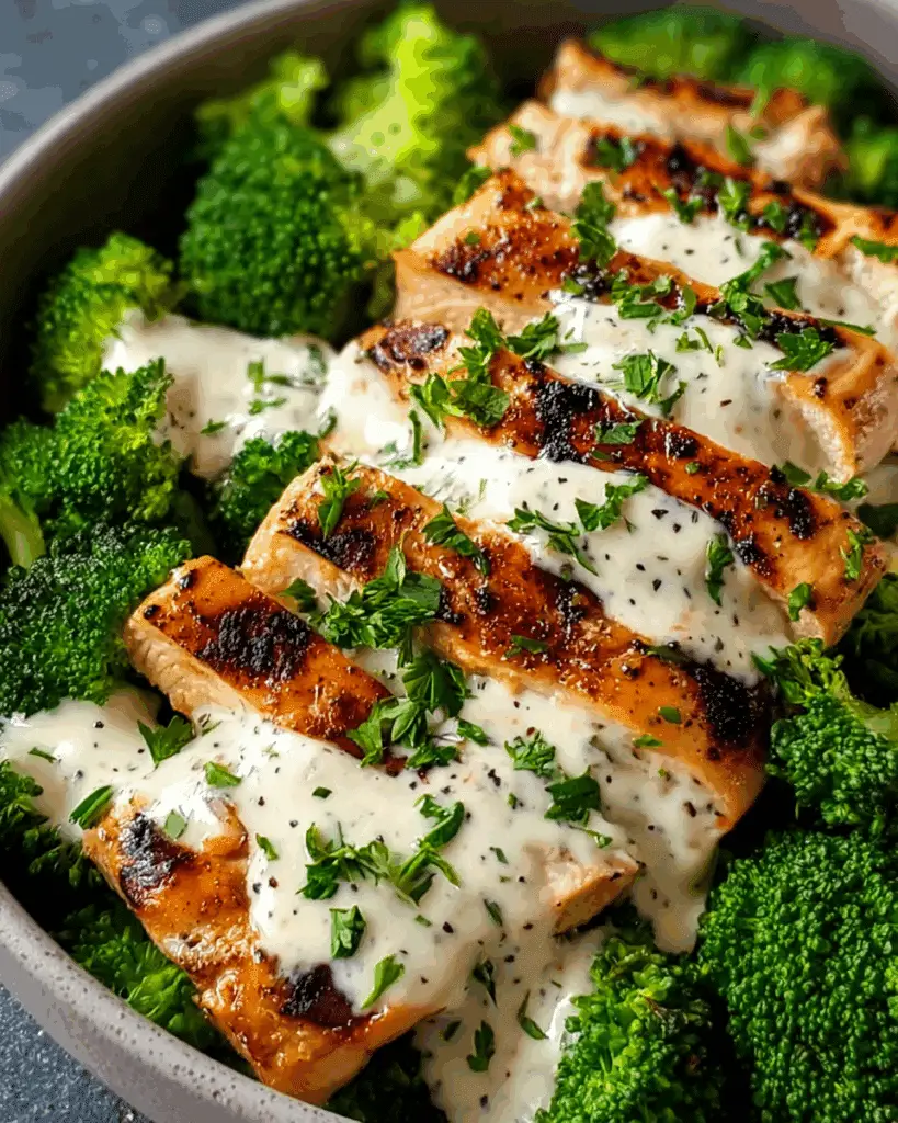 Grilled Chicken & Broccoli Bowls with Creamy Garlic Sauce Recipe