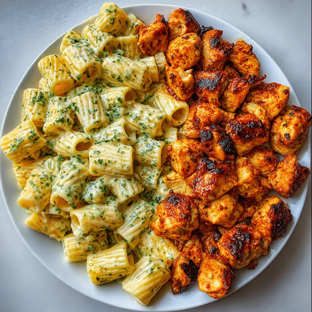 Garlic Butter Chicken Bites w Creamy Rigatoni Recipe - Recipe Image