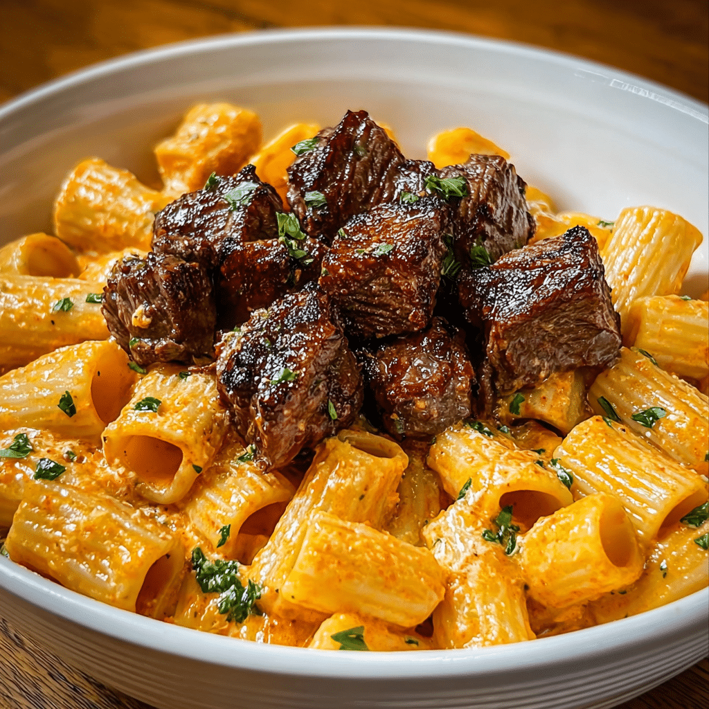 Cajun Steak Tips in Cheesy Rigatoni Parmesan Sauce Recipe - Recipe Image