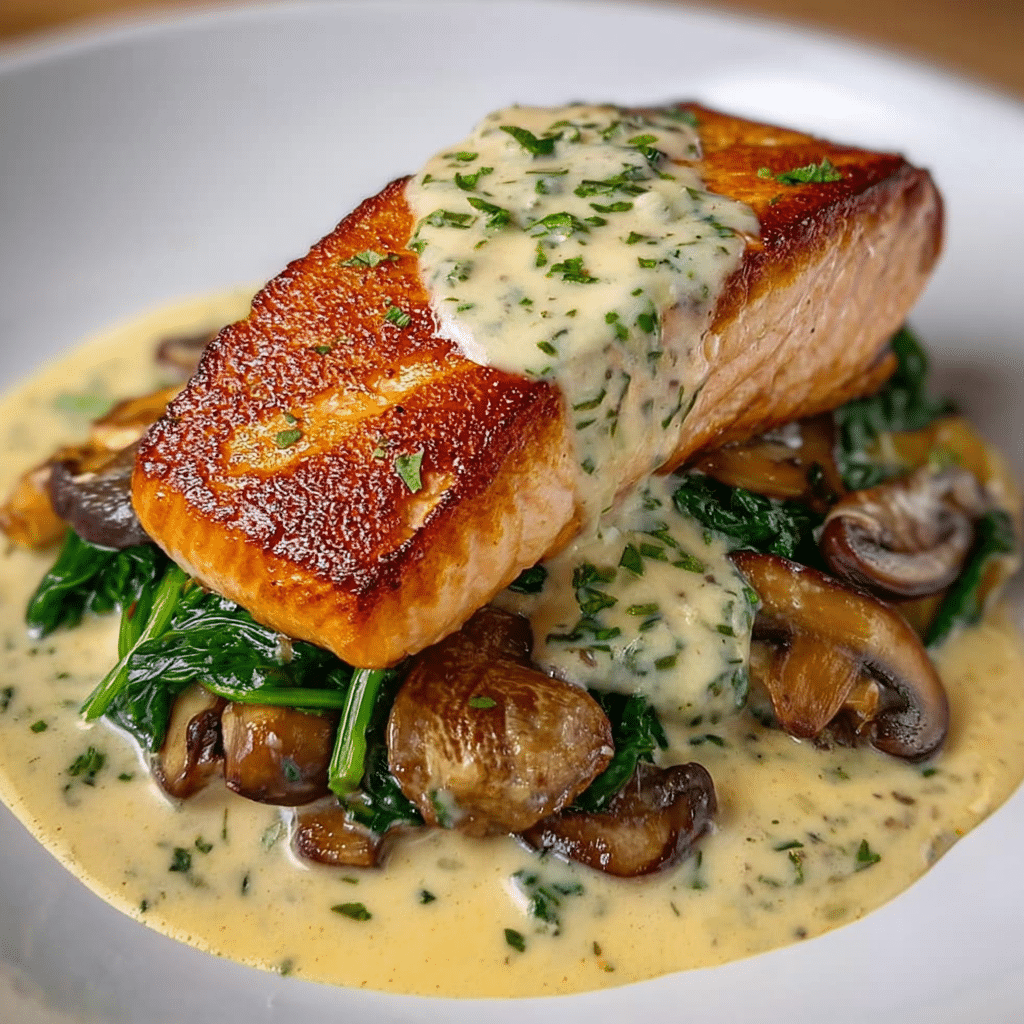 Creamy Garlic Butter Salmon with Spinach & Mushrooms Recipe - Recipe Image