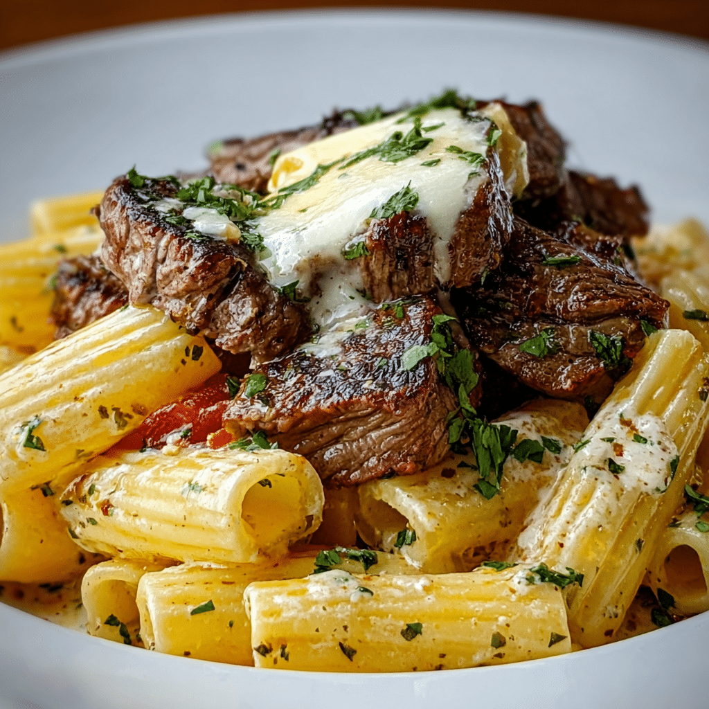 Garlic Butter Steak Tips with Cheesy Rigatoni Recipe - Recipe Image