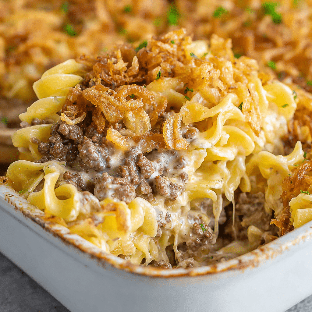 French Onion Ground Beef & Noodle Casserole Recipe - Recipe Image