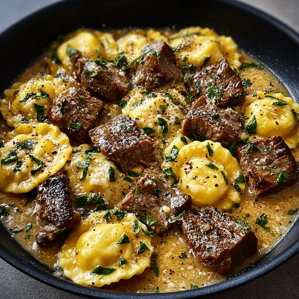 One-Skillet Garlic Butter Steak & Cheese Ravioli Recipe - Recipe Image