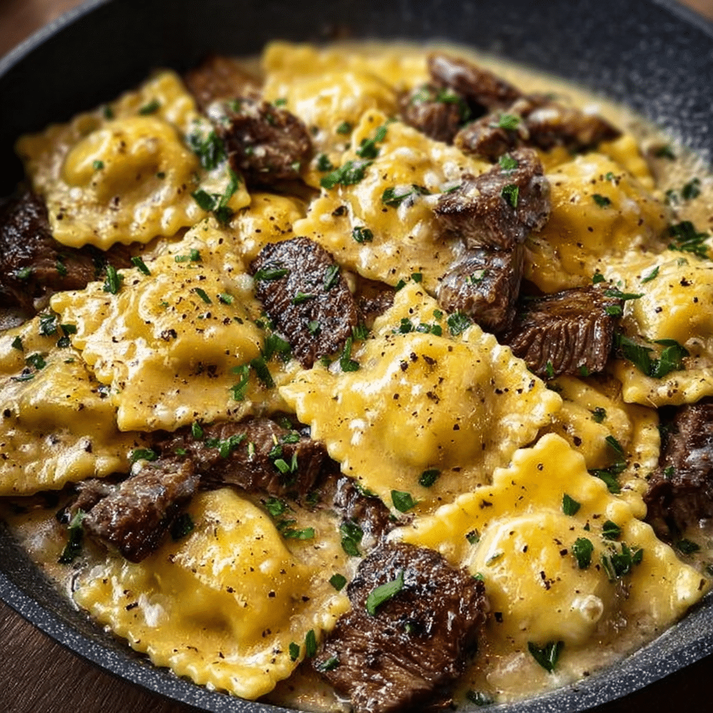 One-Skillet Garlic Butter Steak & Cheese Ravioli Recipe - Recipe Image