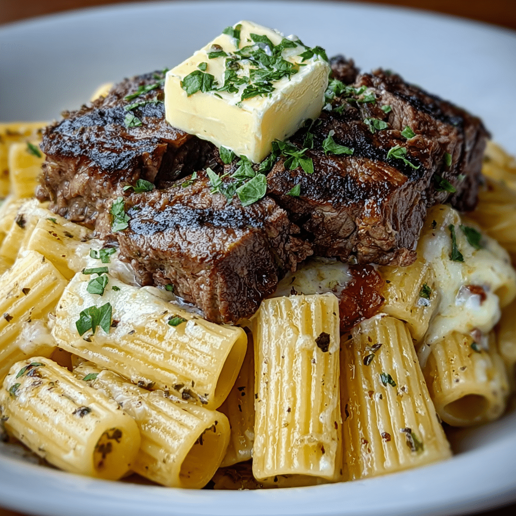 Garlic Butter Steak Tips with Cheesy Rigatoni Recipe - Recipe Image