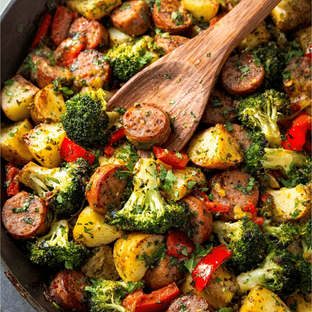 Sheet Pan Honey Garlic Kielbasa, Potatoes, and Broccoli Recipe - Recipe Image