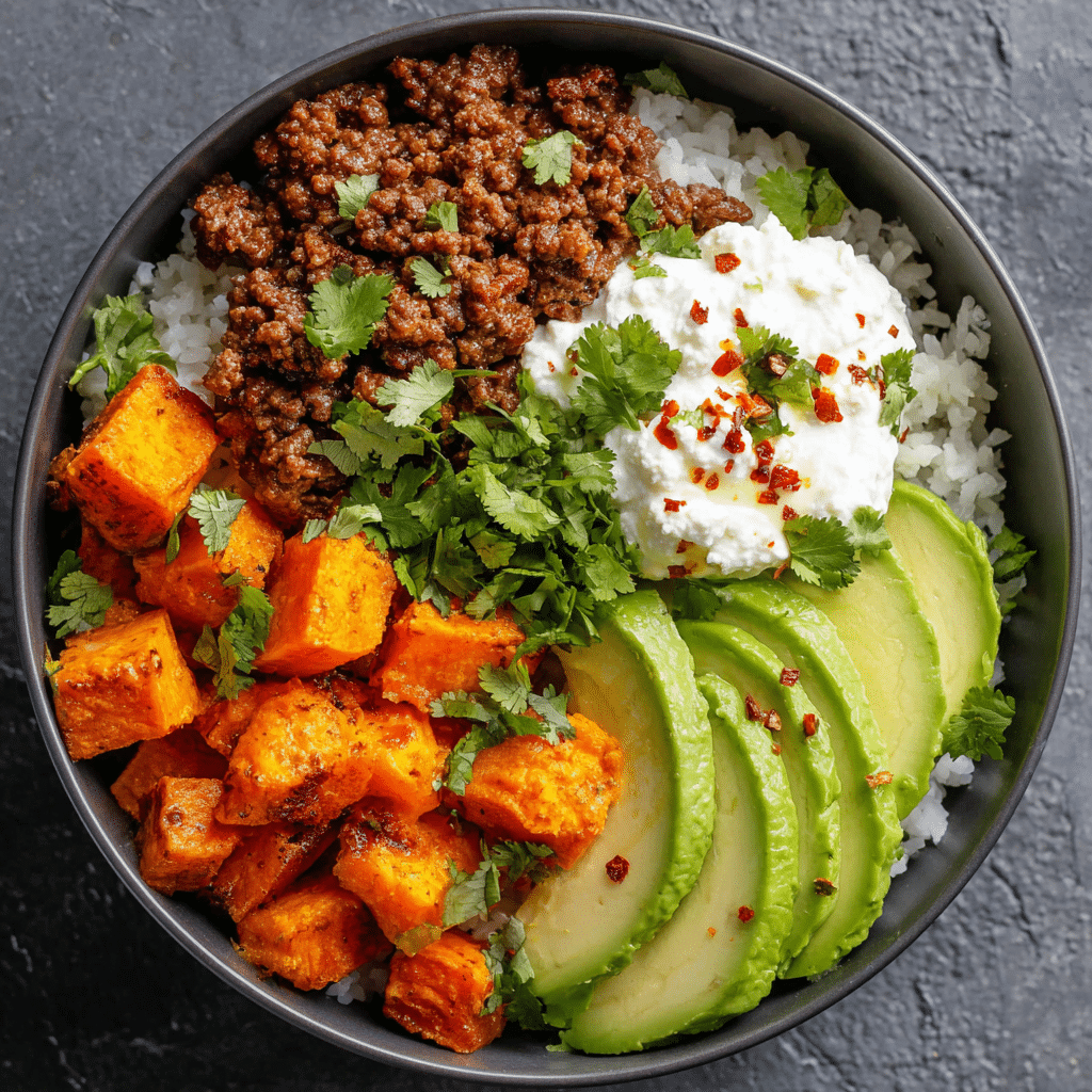 Sweet Potato Beef Bowl with Hot Honey and Cottage Cheese Recipe - Recipe Image