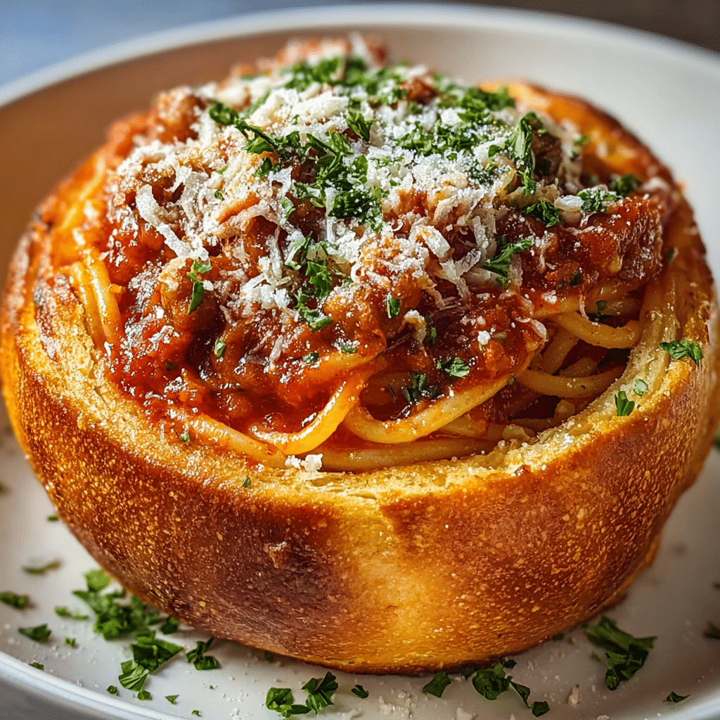 spaghetti garlic bread bowls Recipe - Recipe Image