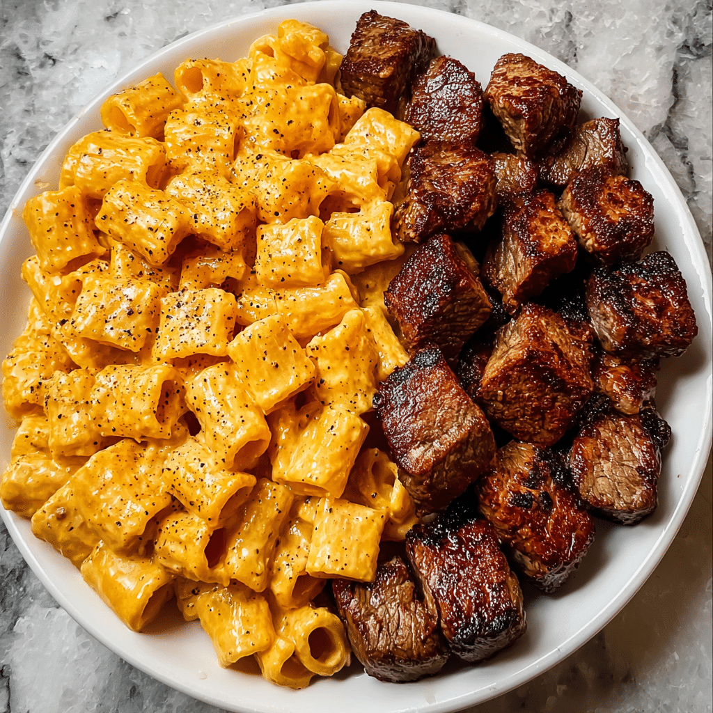 Cajun Steak Tips in Cheesy Rigatoni Parmesan Sauce Recipe - Recipe Image