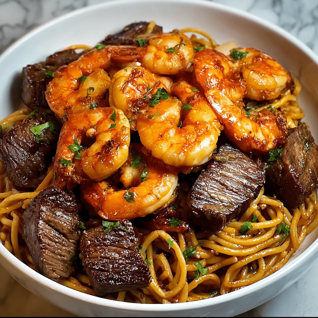 steak shrimp noodles: a savory quick dinner recipe! Recipe - Recipe Image
