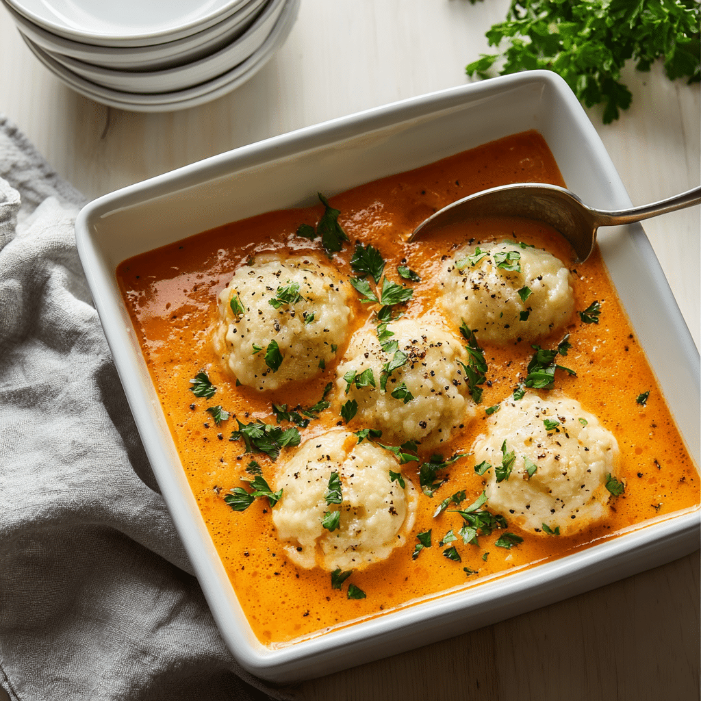 Roasted tomato soup with cheddar dumplings recipe - Recipe Image