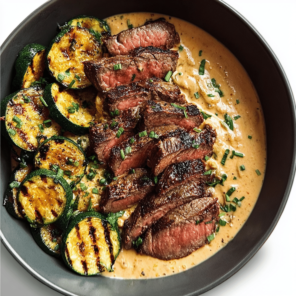 Grilled Steak Bowl with Creamy Sauce & Grilled Zucchini Recipe - Recipe Image