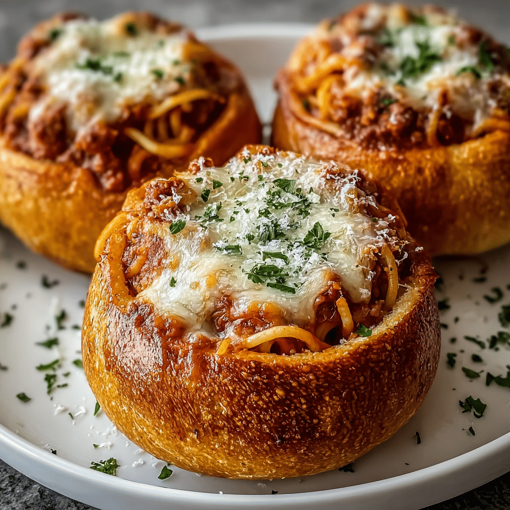 spaghetti garlic bread bowls Recipe - Recipe Image