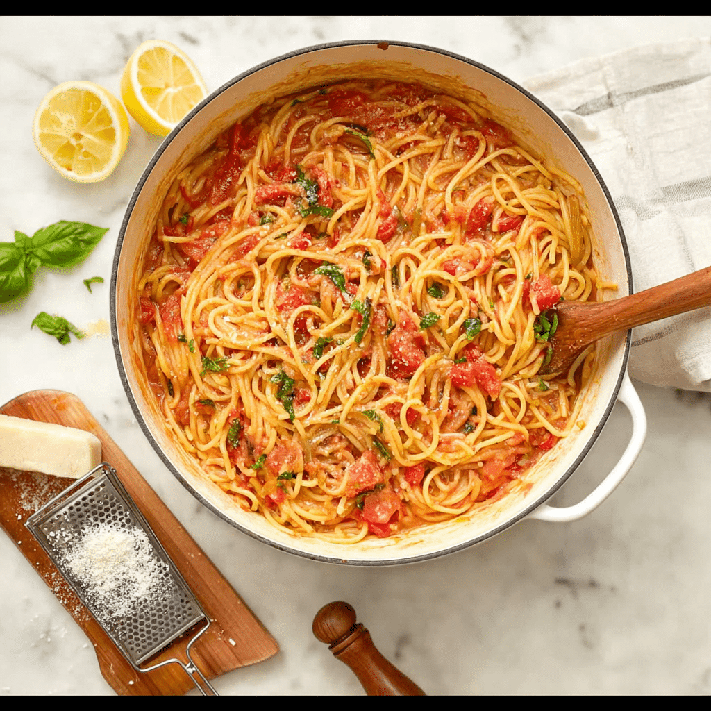 One Pot Pasta Tomato Basil Spaghetti Recipe - Recipe Image