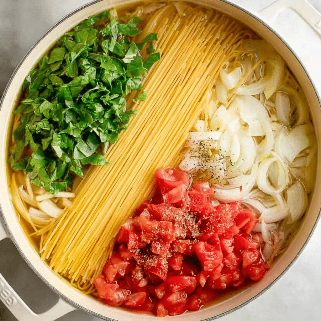 One Pot Pasta Tomato Basil Spaghetti Recipe - Recipe Image