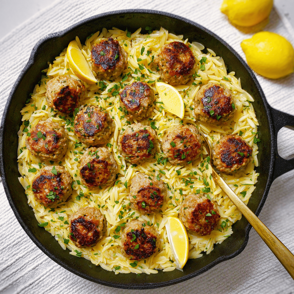 Greek Chicken Meatballs with Lemon Orzo Recipe - Recipe Image