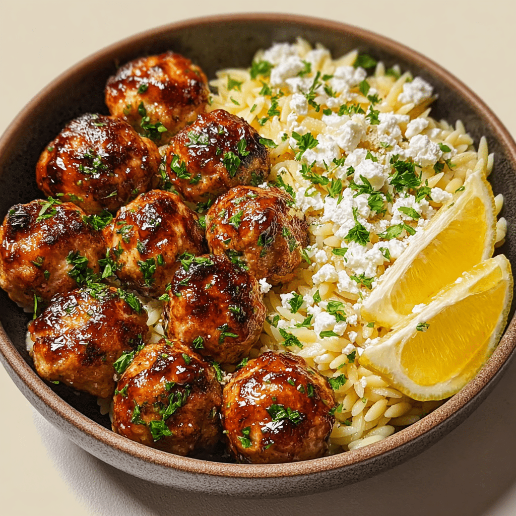 Greek Chicken Meatballs with Lemon Orzo Recipe - Recipe Image