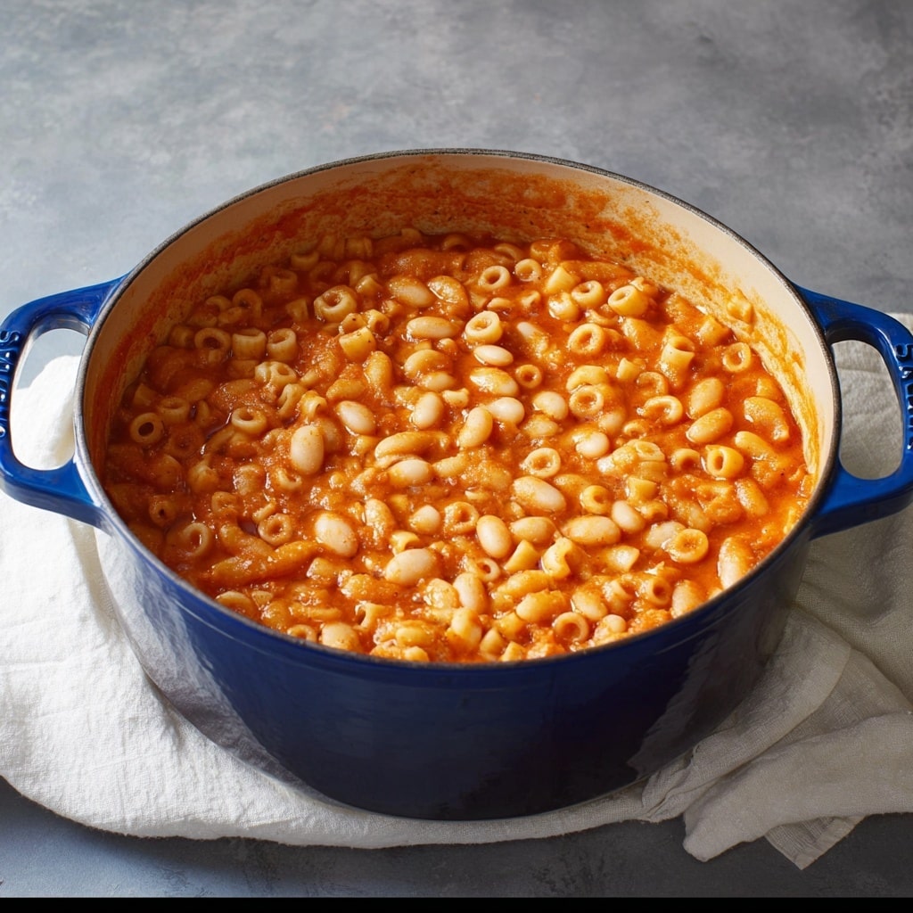 This image shows a deep blue Staub pot filled with a one-layer dish of small ditalini pasta and cannellini beans mixed in a thick orange-red tomato sauce. The pasta is evenly scattered throughout the mixture, and the creamy white beans are clearly visible among the noodles, creating a contrast in texture and color. The sauce appears smooth and glossy, coating all the ingredients evenly without any visible separation. The pot is sitting on a soft, folded white cloth on top of a muted gray background, and the overall look is rustic and homestyle. photo taken with an iphone