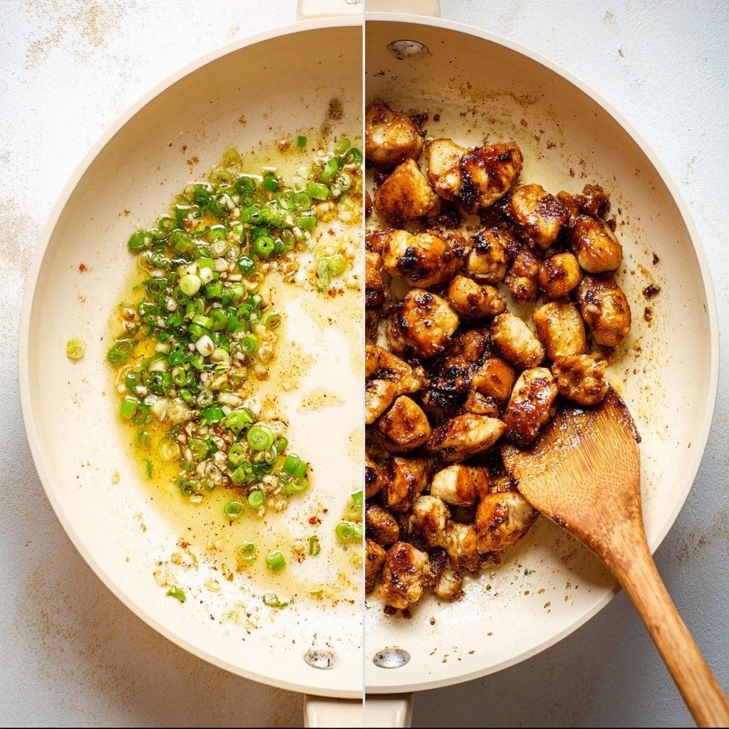 The image is split into two vertical halves, both showing the same cream-colored frying pan from a top-down view. On the left side, the pan contains a thin layer of oil with scattered bright green chopped scallions and minced garlic, swirling together with flecks of seasonings, and a light wood spoon resting to one side. On the right side, the cooked result fills the pan: golden brown, slightly charred chunks of chicken, caramelized and glistening, crowded together with the same wooden spoon laid across them. The background is a pale, slightly textured countertop, and the overall vibe is casual home cooking, photo taken with an iphone