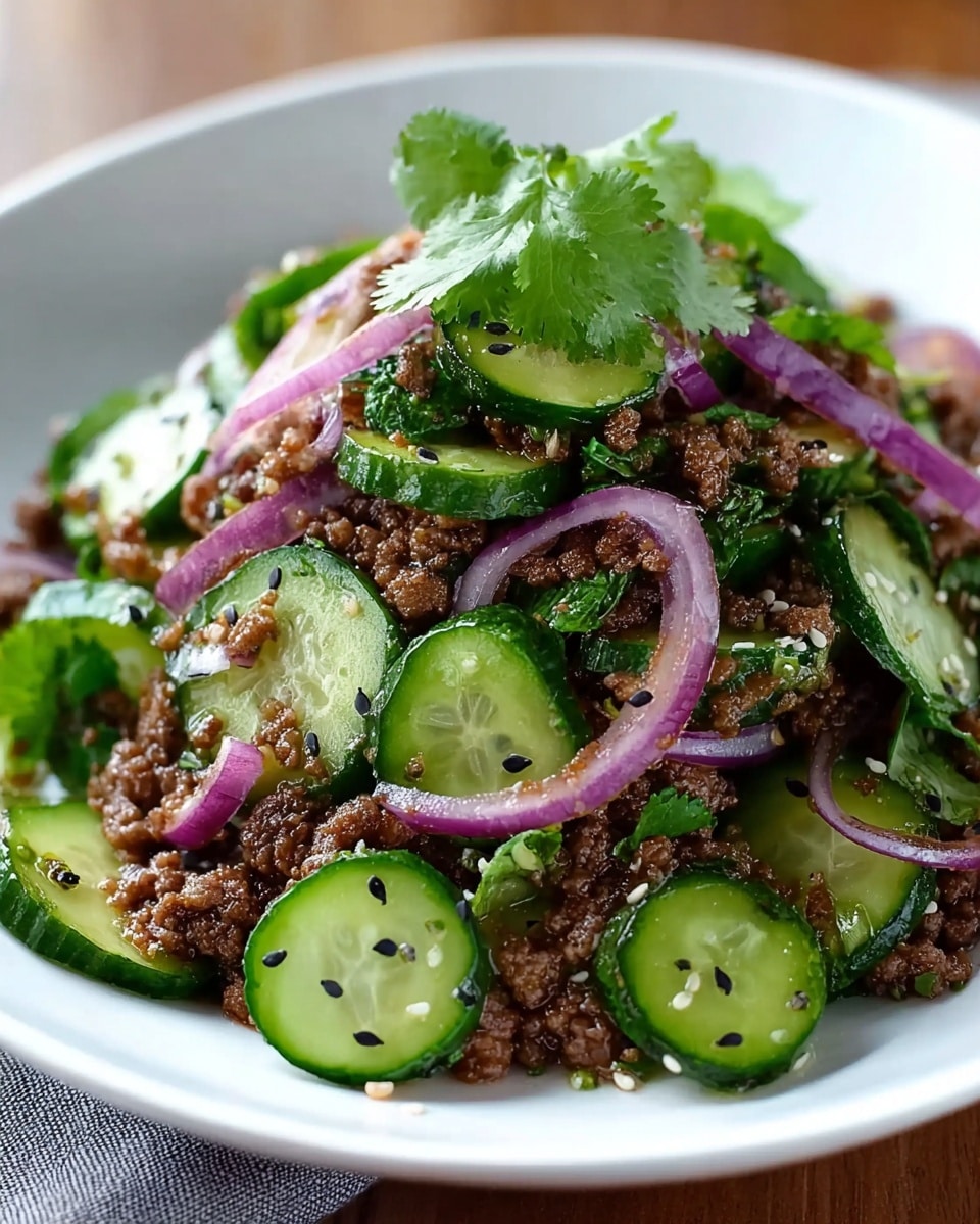 Spicy Korean Ground Beef with Cucumber Salad delights all! Recipe