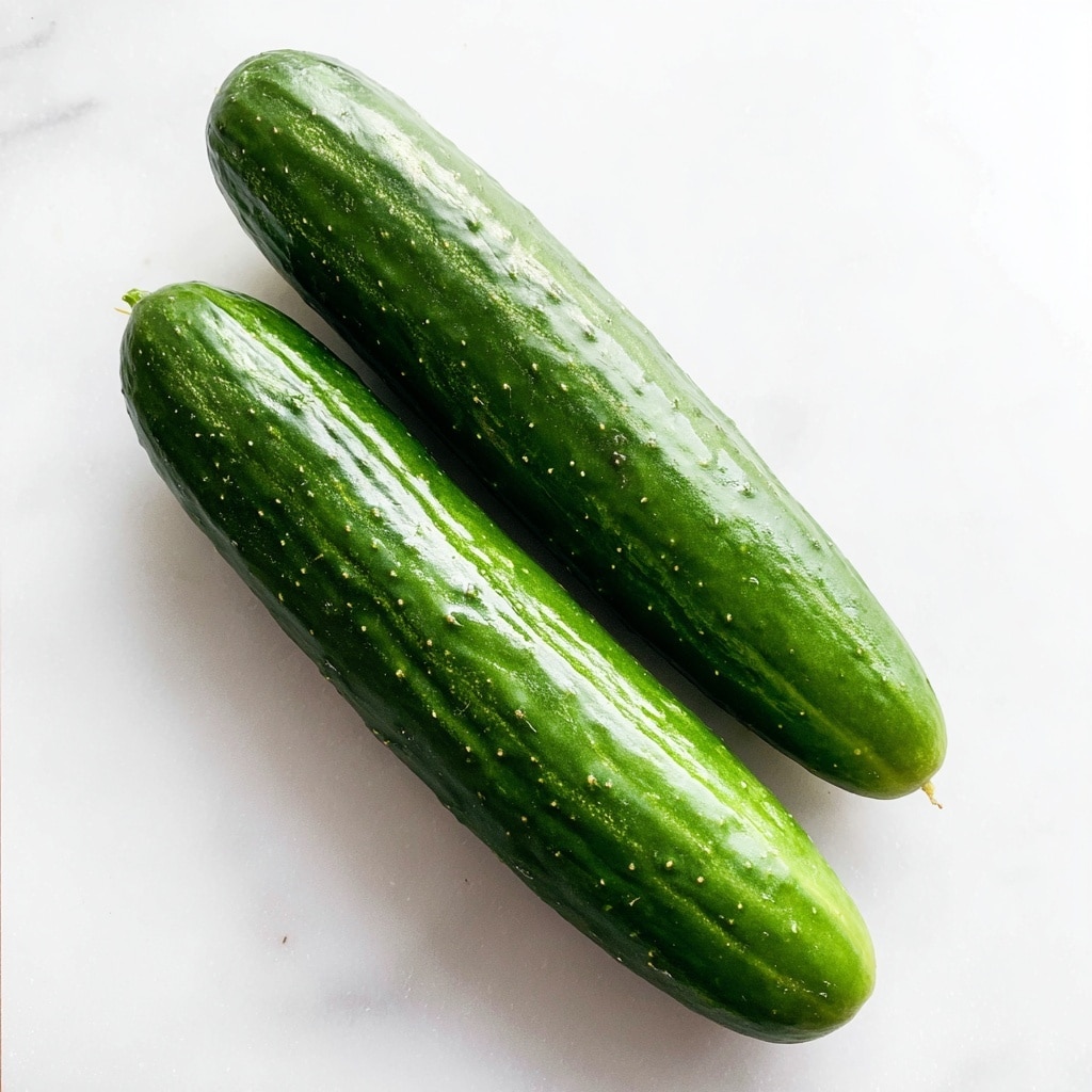 Two long, smooth cucumbers lay side by side on a white marbled surface. Each cucumber has a fresh, bright green color with tiny bumps scattered across their skin and a slightly shiny texture. The cucumbers are positioned diagonally, stretching from the bottom left to the top right of the frame. Photo taken with an iphone --ar 4:5 --v 7