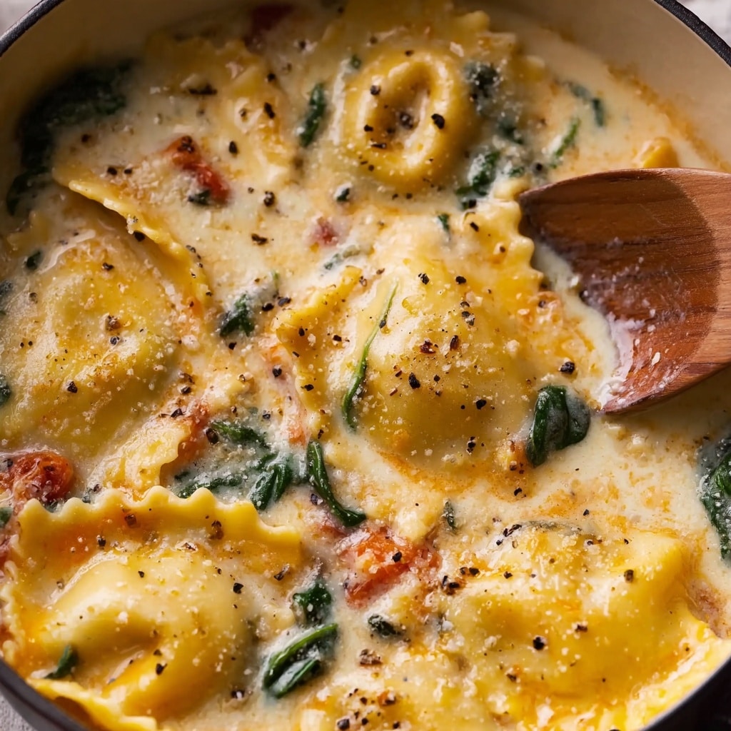 This image shows a close-up view of creamy ravioli soup, where the top layer consists of plump, yellow ravioli with wavy edges floating in a thick, ivory-colored creamy broth. Scattered throughout the surface are dark specks of black pepper, small wilted green spinach leaves, and hints of red from pieces of tomato. The soup’s surface has a slightly glossy texture, and the ravioli pieces are nestled closely together, some partially submerged and others sitting on top, creating a visually inviting and hearty appearance. A wooden spoon rests in the upper right corner, partially submerged in the soup. photo taken with an iphone