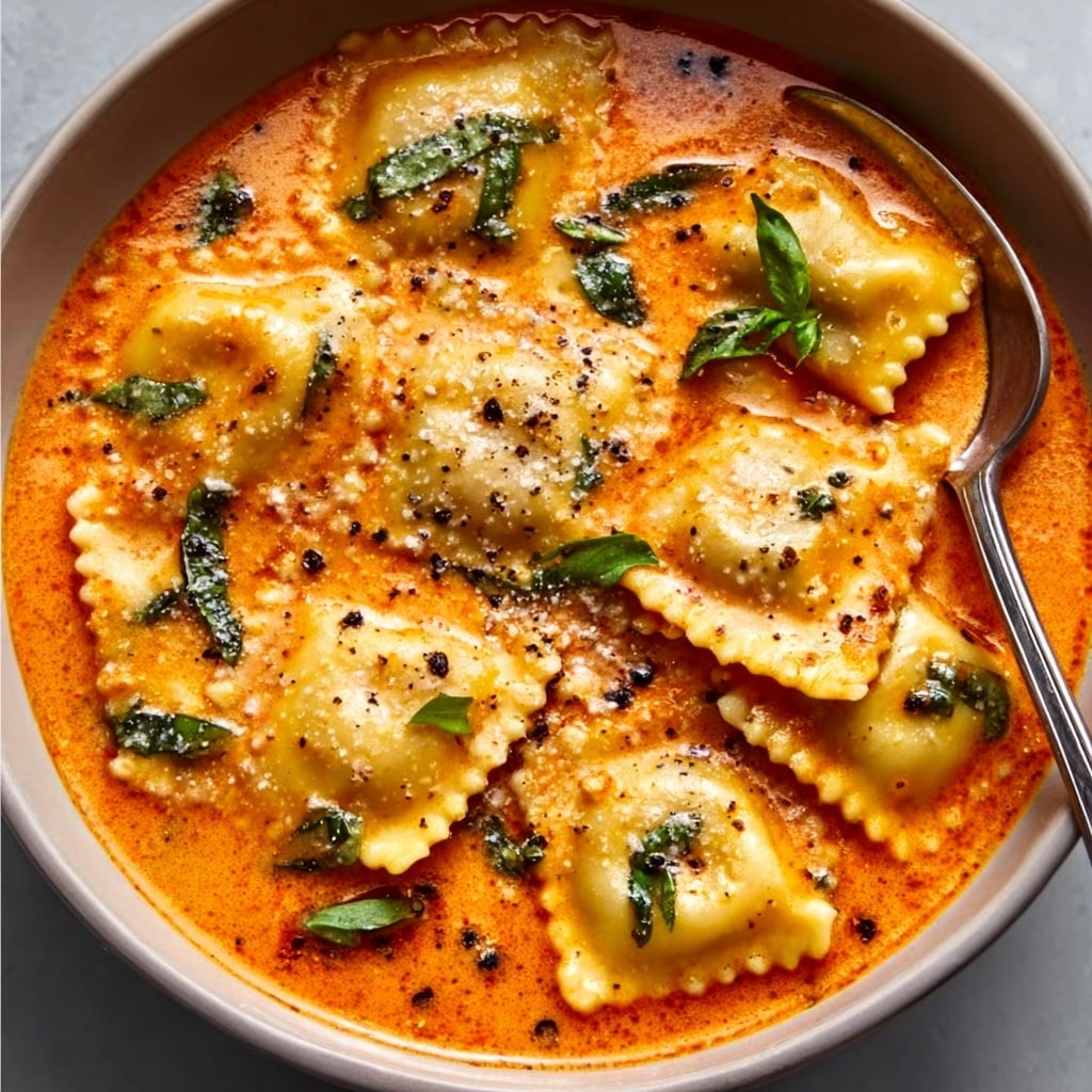 A bowl filled with plump, square ravioli floats on top of a creamy orange tomato sauce with visible specks of herbs and black pepper scattered across the surface. The ravioli have wavy, ruffled edges and a slightly glossy, pale surface, some of them peeking out from the sauce while others are partially submerged. Fresh green basil leaves and tiny flecks of parsley are scattered throughout, creating a contrast against the warm, rich colors of the sauce. The texture appears velvety and thick, and the spoon resting in the bowl suggests a homestyle, inviting meal. photo taken with an iphone