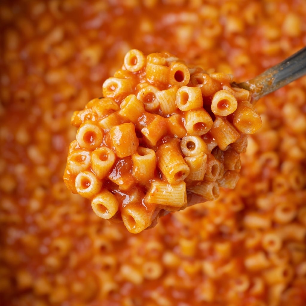 A close-up image of small tube-shaped pasta (ditalini) coated evenly in a thick, glossy red-orange tomato sauce, with the pasta forming a dense, textured top layer and more of the saucy pasta filling the background. The noodles appear soft, smooth, and uniformly cooked, with the sauce clinging to every surface, creating a visually rich, single-layer effect with an appetizing shine. The focus is on a spoonful being lifted, highlighting the circular cross-sections of the pasta against the blended backdrop. photo taken with an iphone