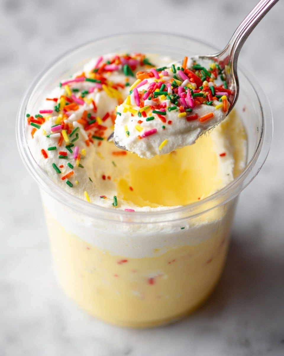 The image shows a clear cup filled with two layers: a smooth, light yellow creamy layer at the bottom, topped by a white fluffy layer. On top of the white layer, there are colorful small sprinkles in red, green, pink, yellow, and orange. A silver spoon is inside the cup, scooping some of the top white layer mixed with sprinkles. The background is a white marbled texture. photo taken with an iphone --ar 4:5 --v 7