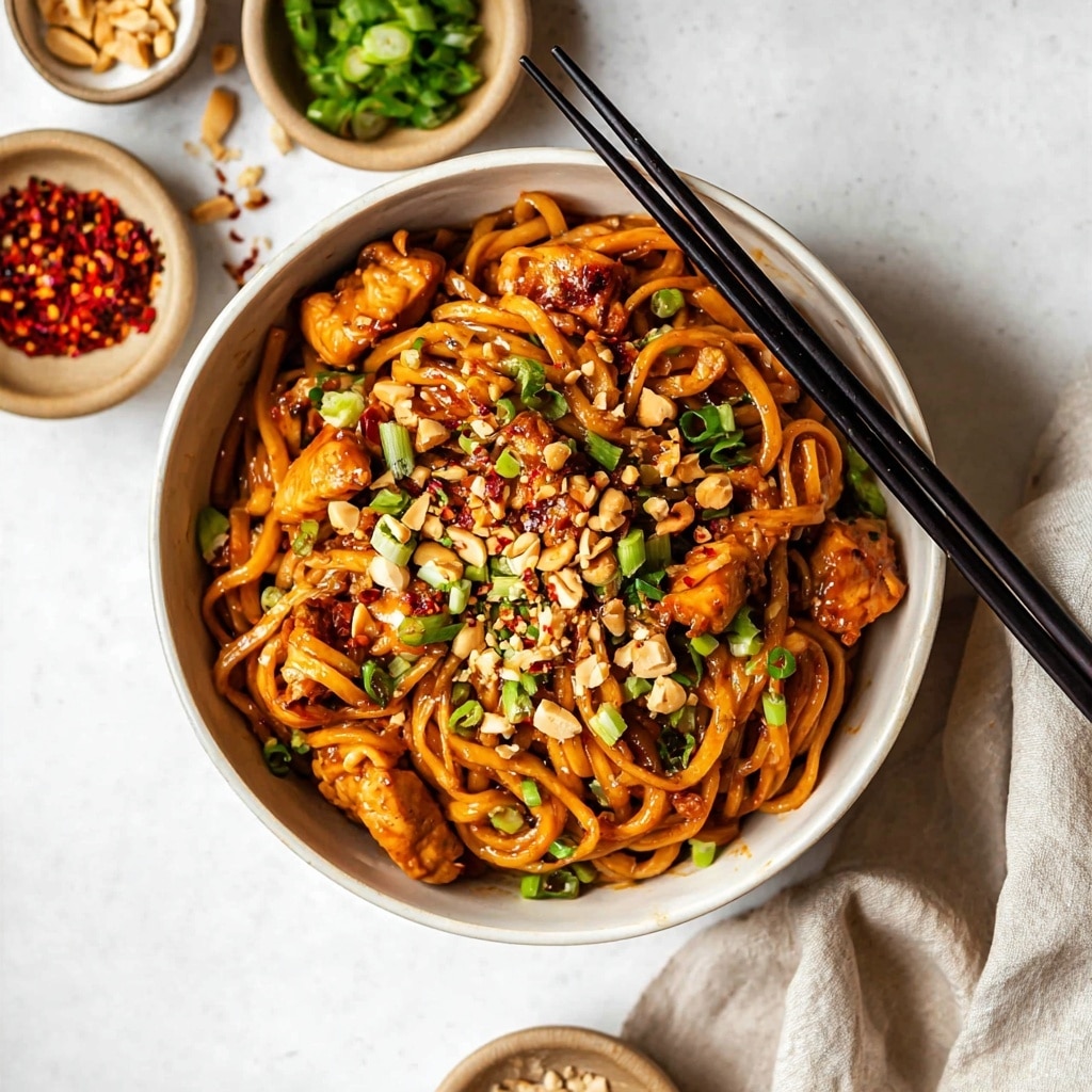 A bowl filled with glossy, thick noodles coated in a rich brown sauce sits on a white surface, with tender golden-brown chunks of chicken nestled among the noodles. The top layer is generously garnished with chopped green onions, crushed peanuts, and a sprinkling of red pepper flakes, adding a colorful, textured contrast. Black chopsticks rest on the side of the bowl, while a light cloth napkin is folded nearby. In the background, small bowls of additional green onions and chili flakes can be seen, with scattered ingredients adding detail to the scene. photo taken with an iphone