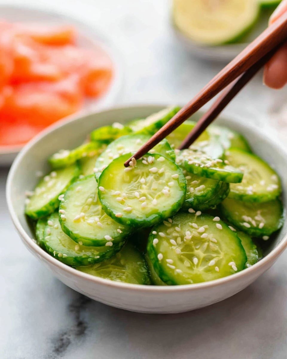 A white bowl filled with several thin slices of bright green cucumber stacked with some overlapping pieces, sprinkled evenly with small black and white sesame seeds that add texture and contrast. The cucumbers look fresh and moist, showing a slight shine from dressing or oil. In the blurred background, another similar white bowl holds more cucumber slices. The scene is set on a white marbled surface with wooden chopsticks visible on the side, adding to the simple and fresh presentation. photo taken with an iphone --ar 4:5 --v 7